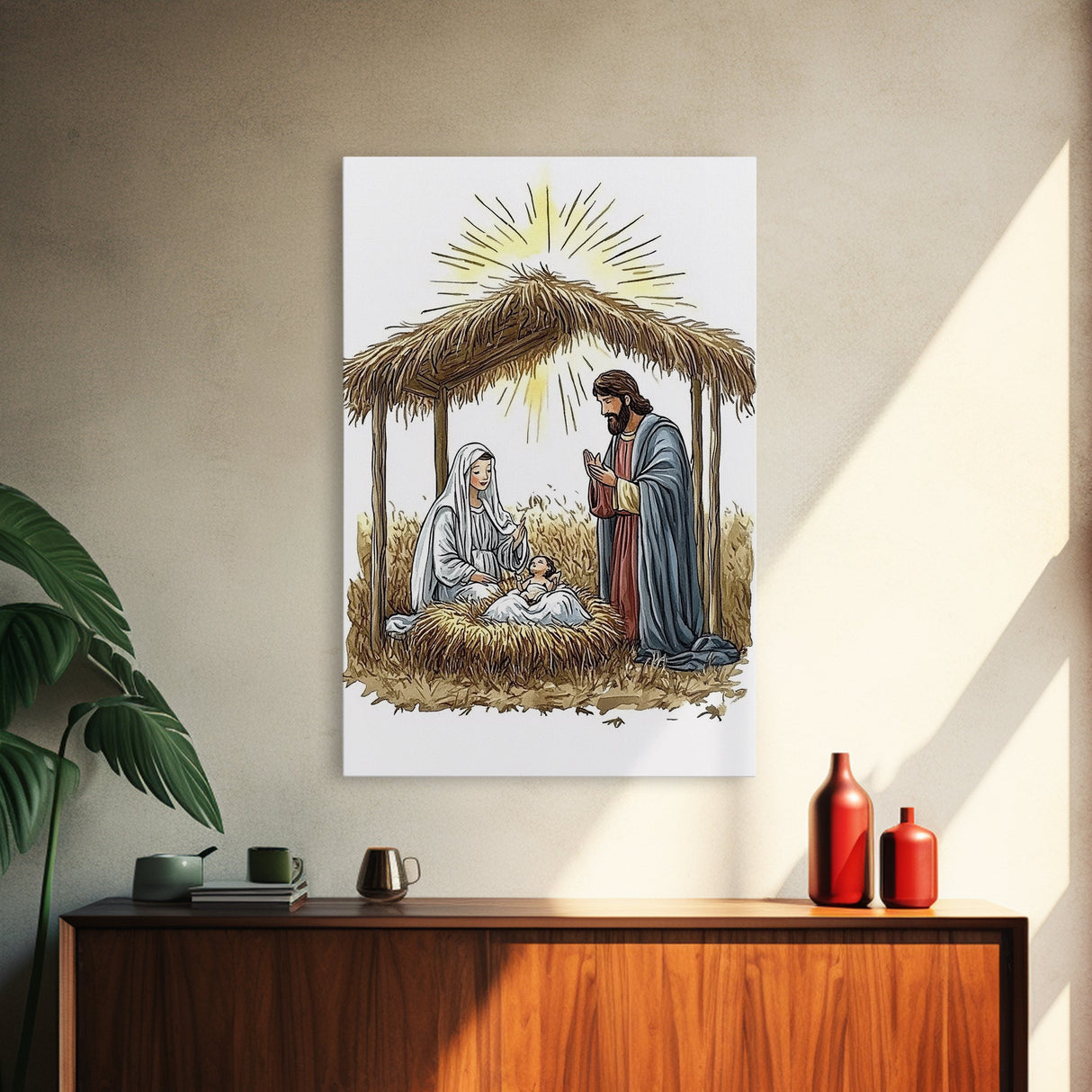 Retro Nativity Painting Print, Christmas Wall Art, Jesus in his Manger, Nativity Wall Art, Rustic Christmas Decor