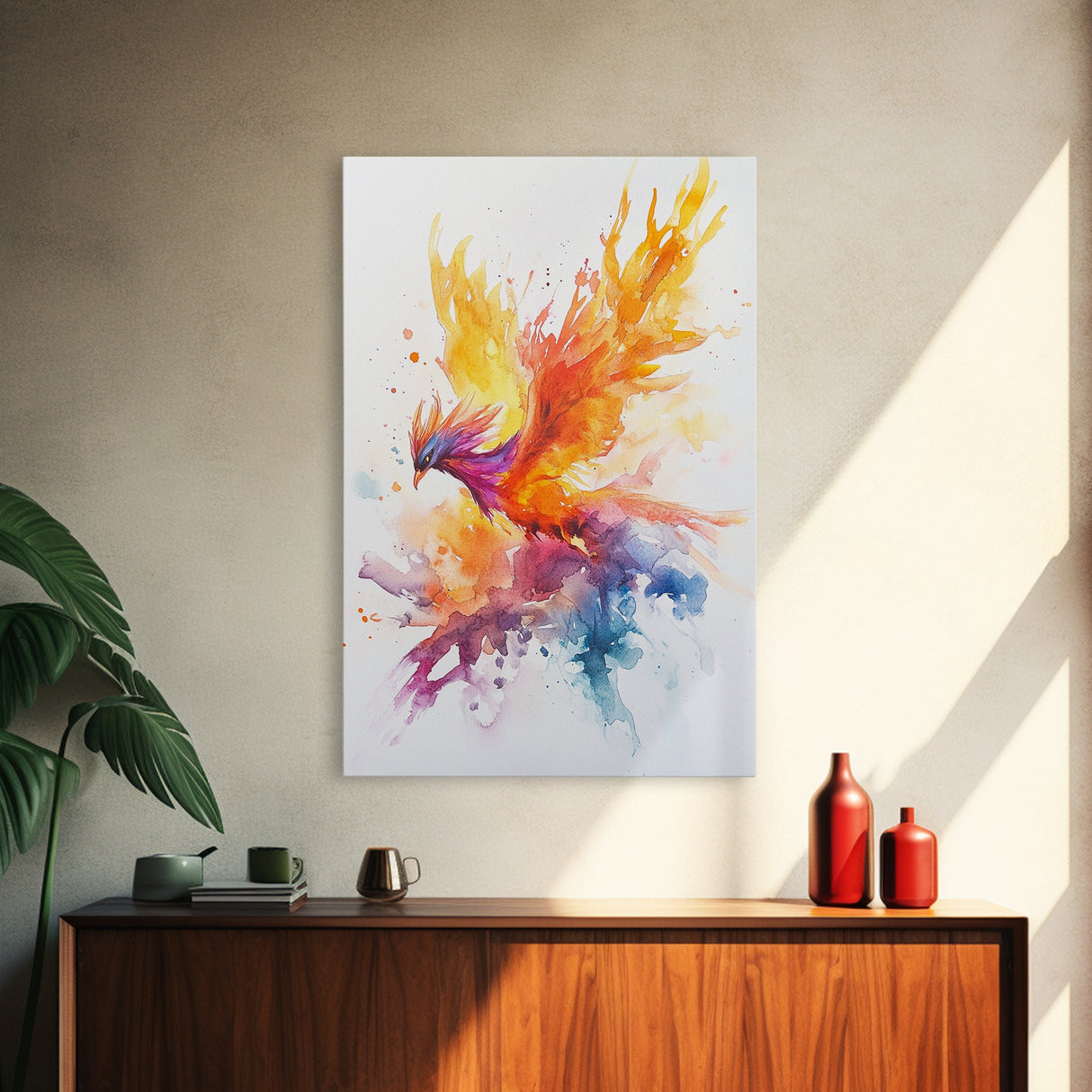 Fire Phoenix Watercolor Art Print Canvas Art, Fantasy Art Phoenix Firebird Fantasy Painting, Dark Academia Wall Art, Phoenix Decor