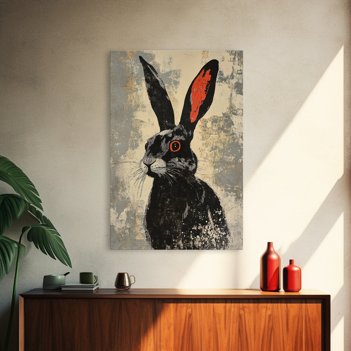 The Black Bunny, Framed Canvas Print Ready To Hang, Bunny Rabbit Art, Rabbit Painting, Minimalist Japanese Style Art