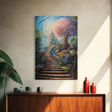 The Steps To The Sky, Framed Canvas Print, Cute Fantasy  Decor, Preppy Wall Art, Gift For Her, Dorm Wall Art, Landscape Painting