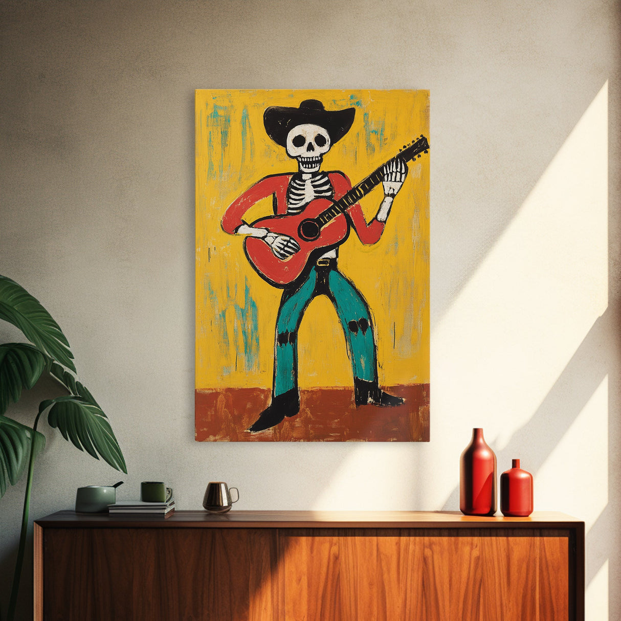 Canvas Print Of a Cowboy Skeleton Guitarist, Mexicano Art, Chicano Art, Original Artwork, Vaquero Art