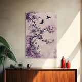 Wabi Sabi Floral Print Framed Canvas Art, Minimalist Home Decor, Purple trees with Crows, Purple Art, Boho Style Modern Art
