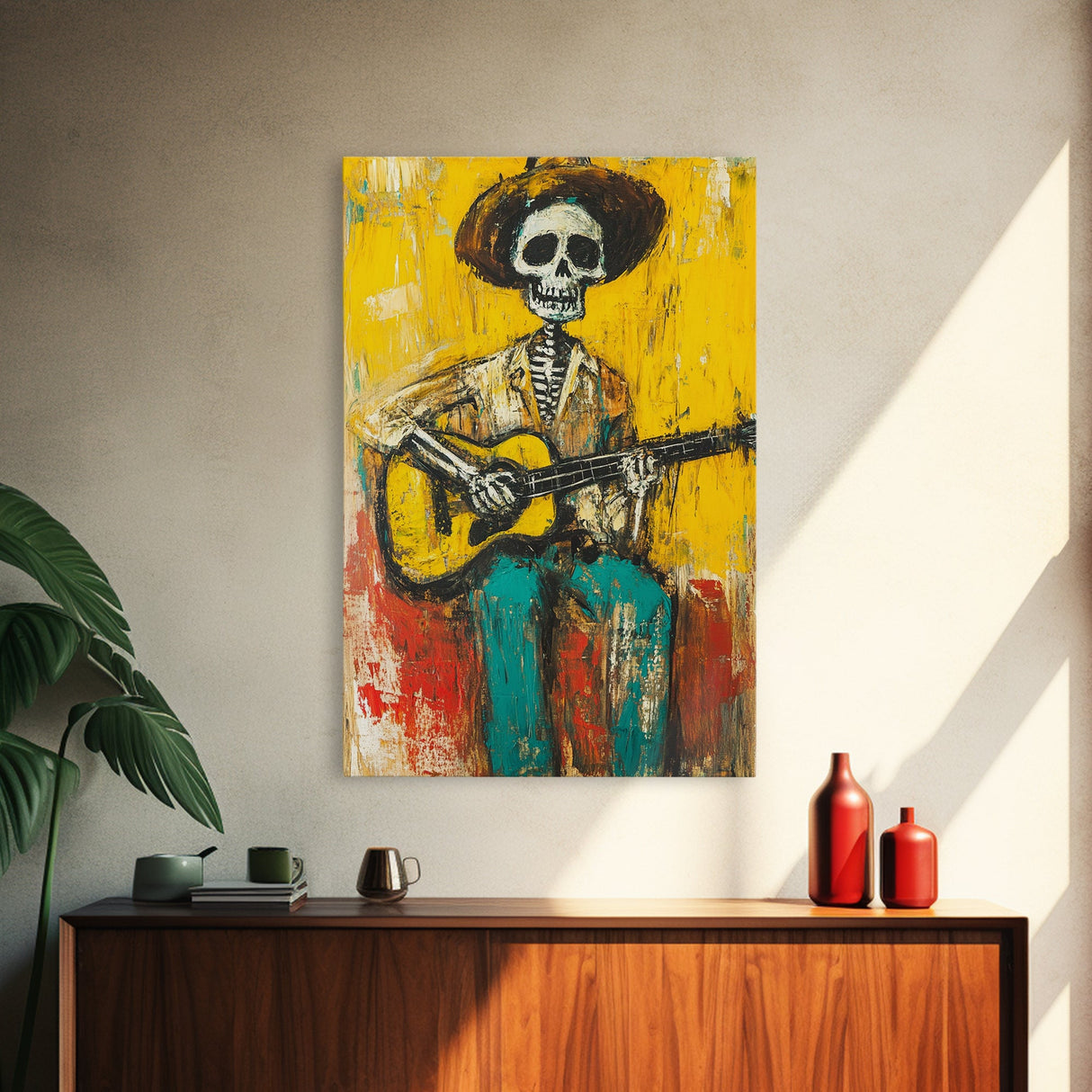 Chicano Canvas Print Of a Cowboy Skeleton Guitarist, Mexicano Art, Chicano Art, Original Artwork, Vaquero Art