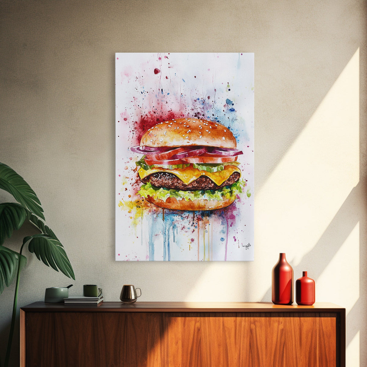 Hamburger Oil Painting Canvas Print Kitchen Wall Art Food Decor, Dining Room Burger Wall Decor, Restaurant Decor, Food Review Kitchen Art