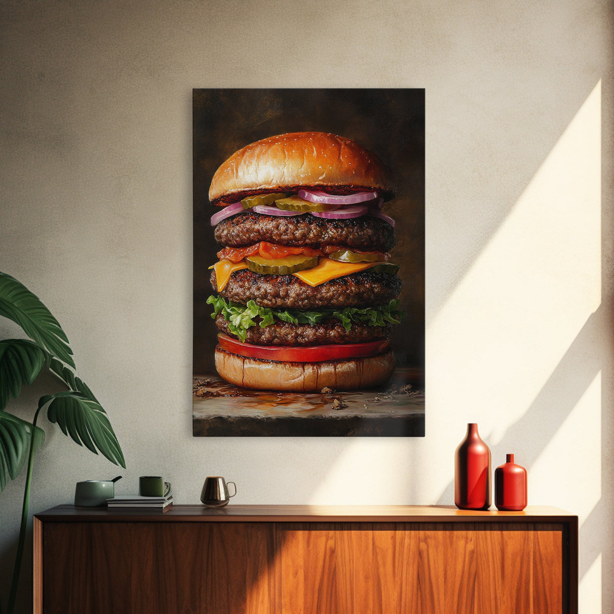The Burg' Canvas Print, Retro Still Life Oil Painting Of a Hamburger, Canvas Print, Kitchen Decor, Dining Room Art, Funny Wall Art