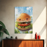 Kawaii Hamburger Canvas Print, Cute Hamburger Painting, Kitchen Decor, Kawaii Wall Art, Veggie Burger Painting