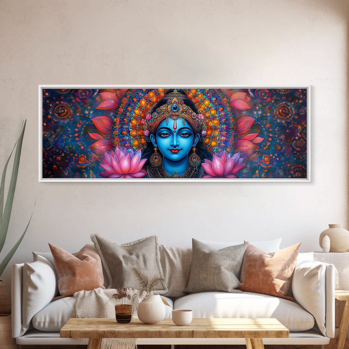 Krishna Painting Print, Ready To Hang Canvas Wall Art, Radha Krishna Art, Panoramic Art, Extra Wide Horizontal Art, Hinduism Wall Art