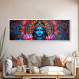 Krishna Painting Print, Ready To Hang Canvas Wall Art, Radha Krishna Art, Panoramic Art, Extra Wide Horizontal Art, Hinduism Wall Art