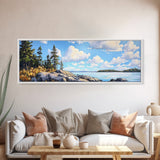 Acadia National Park, Framed Canvas Print, Acadia Watercolor Art Painting, Extra Wide Panoramic Wall Art, Horizontal Mountain Landscape Painting