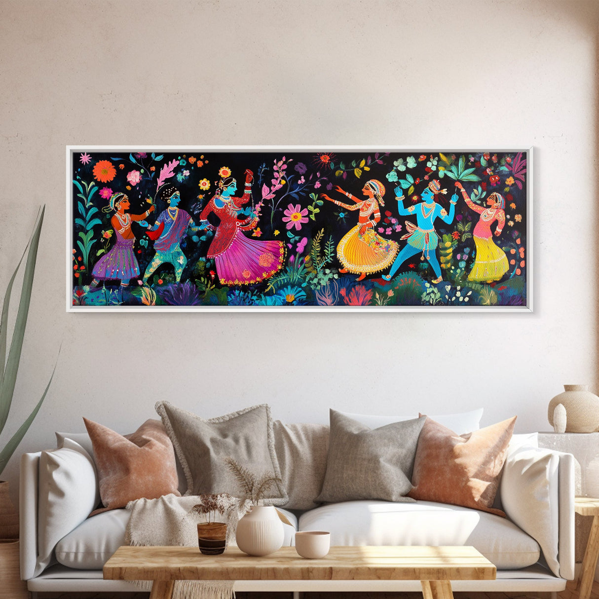 Kerala Style Art Canvas Print, Kerala Mural Painting Print, Panoramic Horizonal Wide Wall Art, Kerala Painting Mural