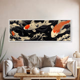 Wabi Sabi Boho Painting Print of Ko Fish, Japanese Style Decor, Panoramic Horizontal Wall Art, Extra Wide 70 Inch Wall Art, 72 Inch Wide Art