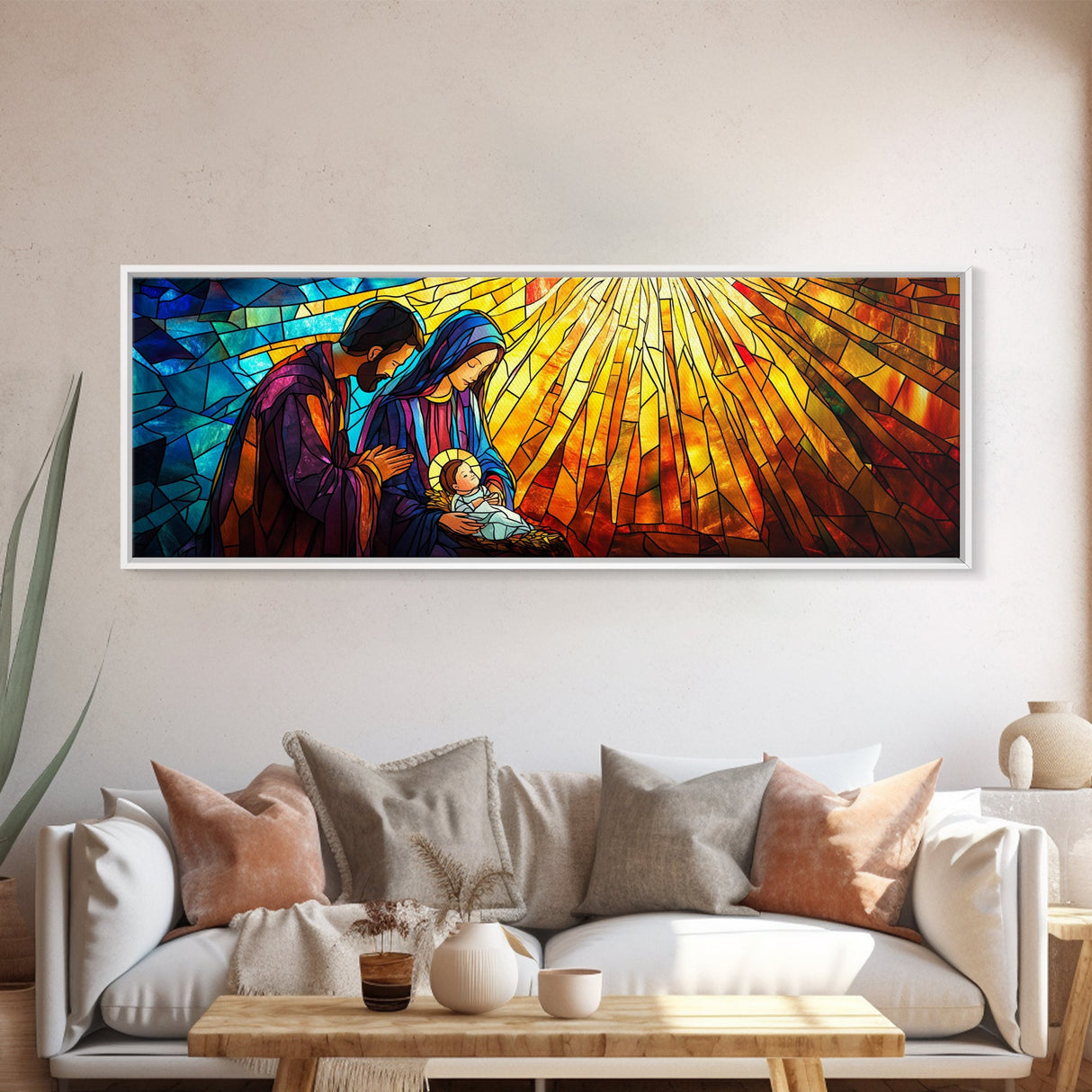 Mary and Joseph Canvas Print, Nativity Painting, Stained Glass Style Art, Nativity Wall Decor, Christmas Wall Art, Panoramic Exra Wide Art