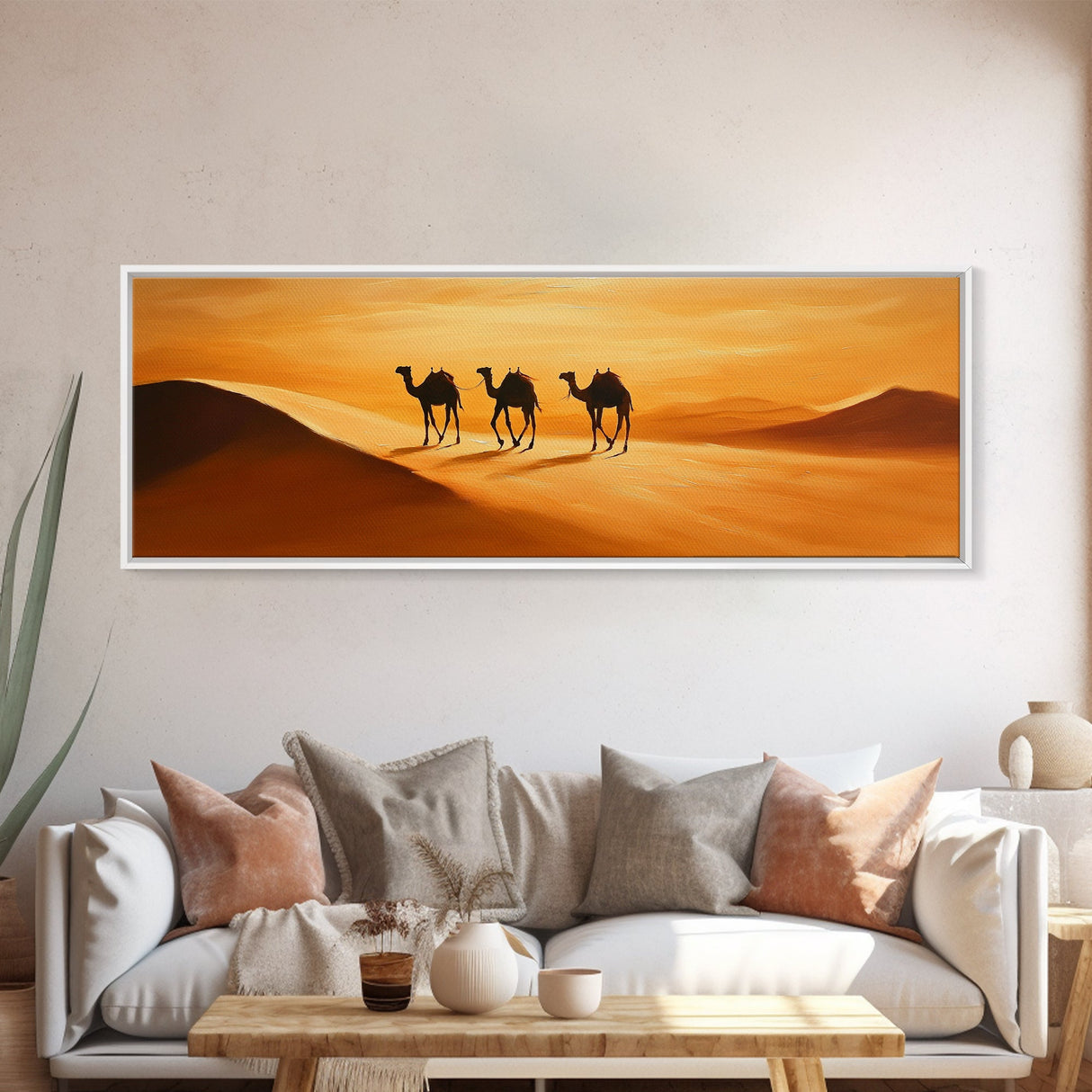 Camels in the desert Framed Canvas Print, Desert Painting, Desert Wall Art, Southwestern Decor, Minimalist Decor, Orange Hues Art
