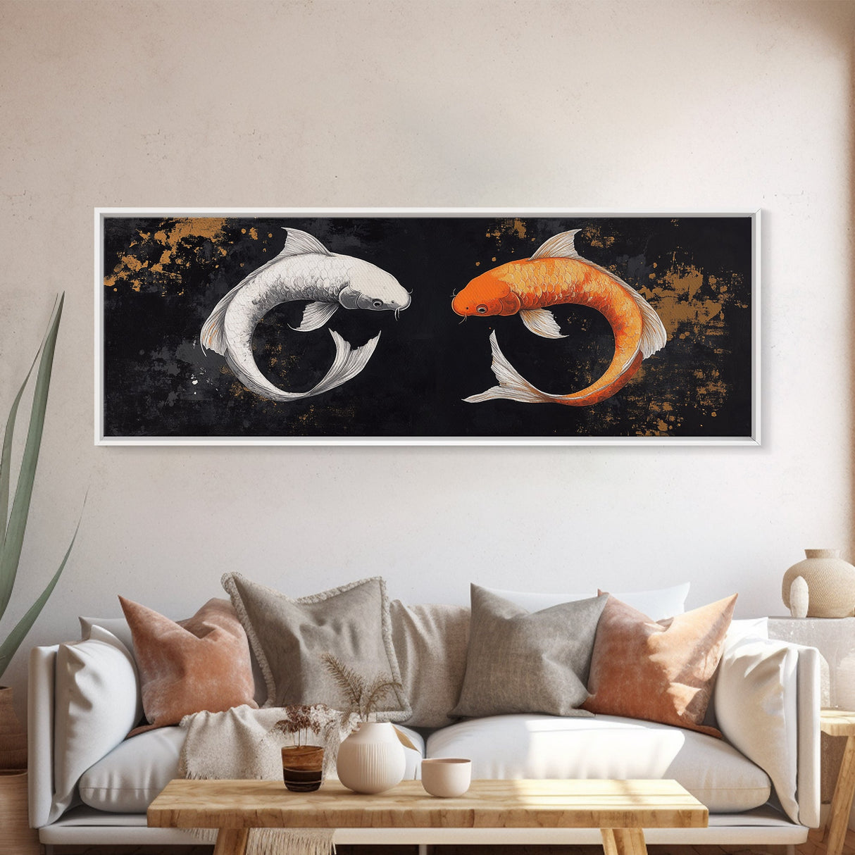 Koi Fish Infinite Sign Framed Canvas Print Ready To Hang, Wabi Sabi Home Decor, Panoramic Extra Wide Art, 20 x 60 Wall Art