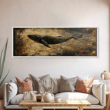 Panoramic Exra Wide Horizontal Whale Painting Print, Canvas Art, Nautical Home Decor, Wabi Sabi Whale Art, Whale Decor