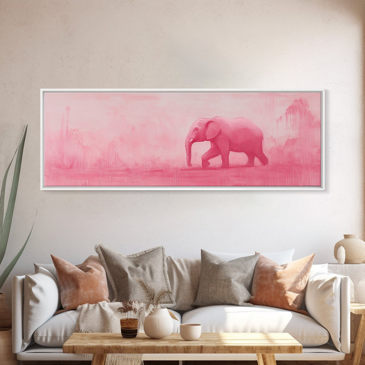 Preppy Pink Elephant Framed Canvas Print Ready To Hang Panoramic Wall Art Girl's Dorm Room Wall Art Ready To Hang