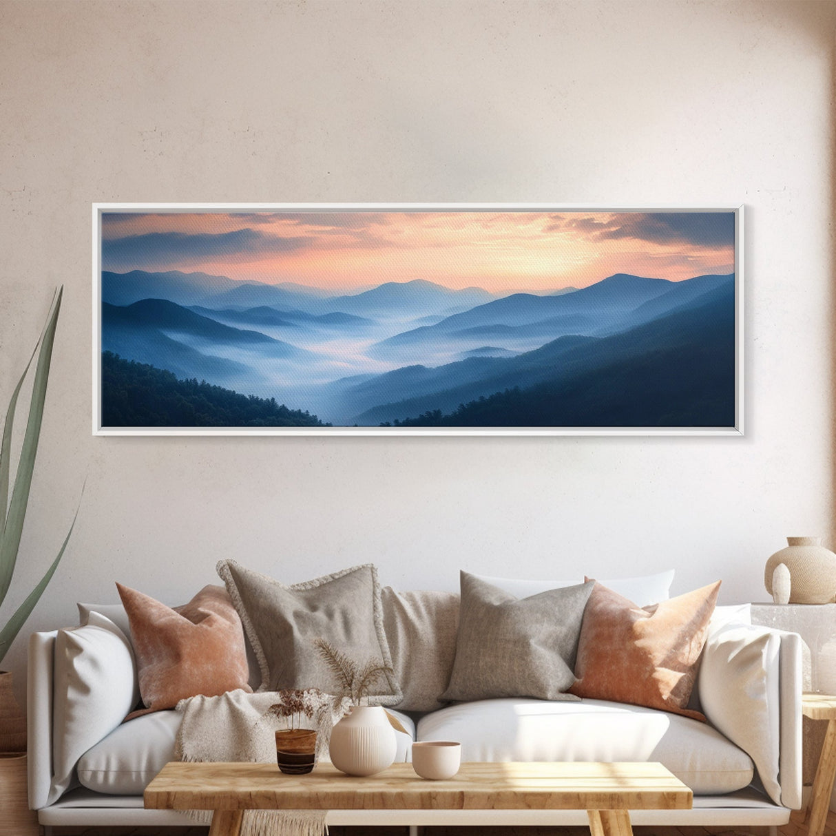 Morning Fog Over the Blue Ridge Mountains, Framed Canvas Print, Landscape Nature Wall Art, Painting Canvas Print, Mountain Painting Art