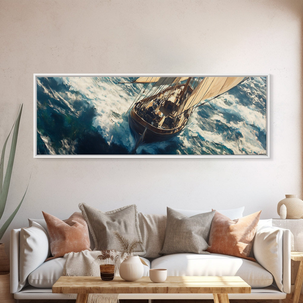 The Storm - Sailboat Battles a Hurricane Framed Canvas Print Panoramic Nautical Decor Fisherman Painting Nautical Landscape Painting