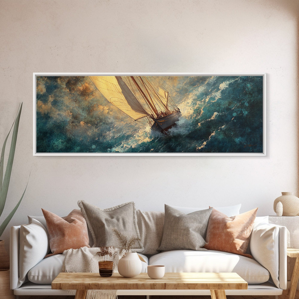 The Sailboat and the Storm Framed Canvas Print - Sailboat Painting - Nautical Decor - Hurricane Painting - Nautical Sailboat Landscape Painting