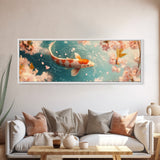 Reflections of a Koi Fish Panoramic Print, Canvas Print, Ready To Hang Wall Art, Koi Fish Painting, Soothing Decor, Zen Studio Art