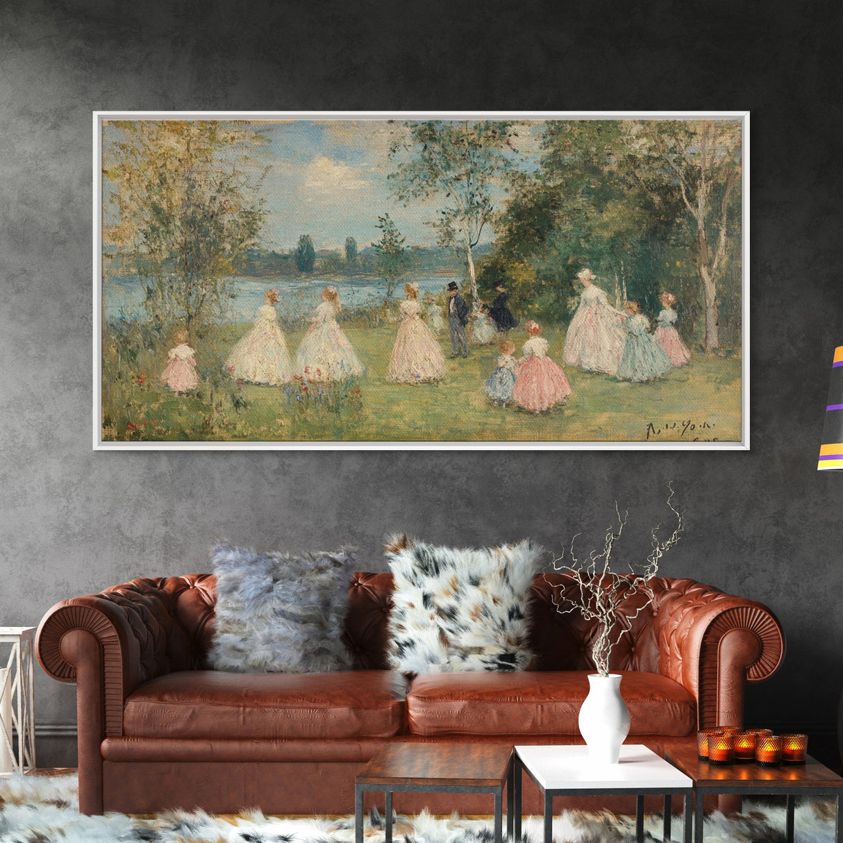 Victorian Spring, Framed Canvas Print, Victorian Style Oil Painting of Ladies On The River