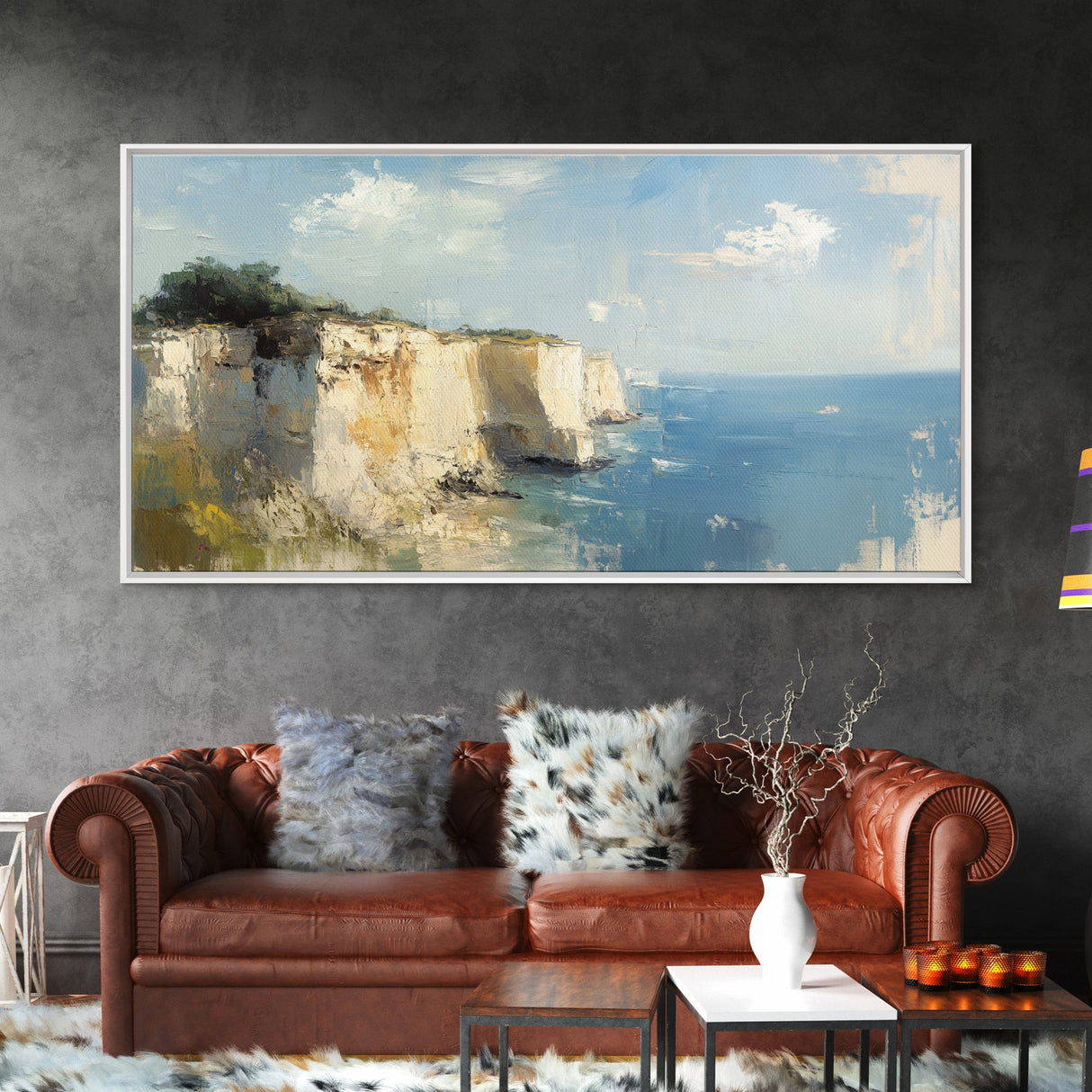 White Cliffs of Dover Framed Canvas Print, England Landscape Painting, Whimsical Wall Art, Light and Airy Eclectic Home Decor, Room Brightening