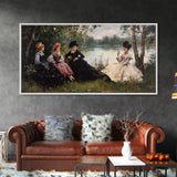 Victorian Women Having a Summer Party on the River, Framed Canvas Print, Victorian Summr Day Oil Painting Print, Whimsical Wall Art