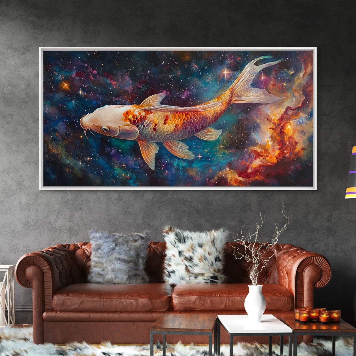 Koi Fish in Space, Framed Canvas Print, Abstract Wabi Sabi Style Painting, Koi Fish Home Decor, Japanese Style Artwork, Boho Decor