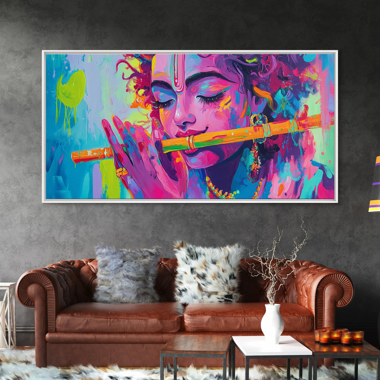 Radha Krishna Painting Print, Hindu Wall Art, Framed Canvas Print, Hinduism Wall Art, Krishna Wall Art, Krishna Playing A Flute