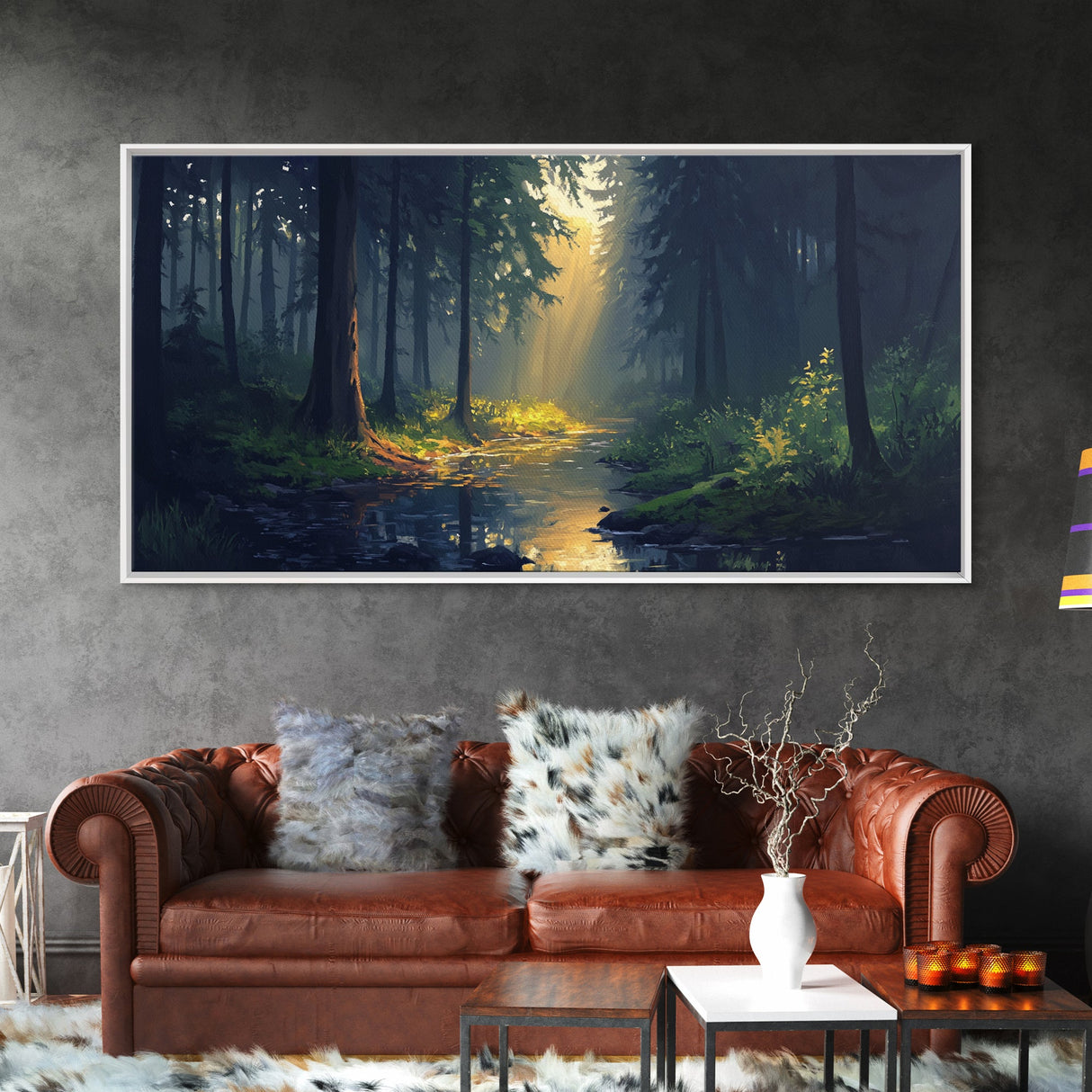 Sun Shines Through The Forest Trees, Framed Canvas Print, Fantasy Landscape Painting, Forest Landscape Oil Painting Print, Living Room Decor