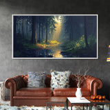 Sun Shines Through The Forest Trees, Framed Canvas Print, Fantasy Landscape Painting, Forest Landscape Oil Painting Print, Living Room Decor