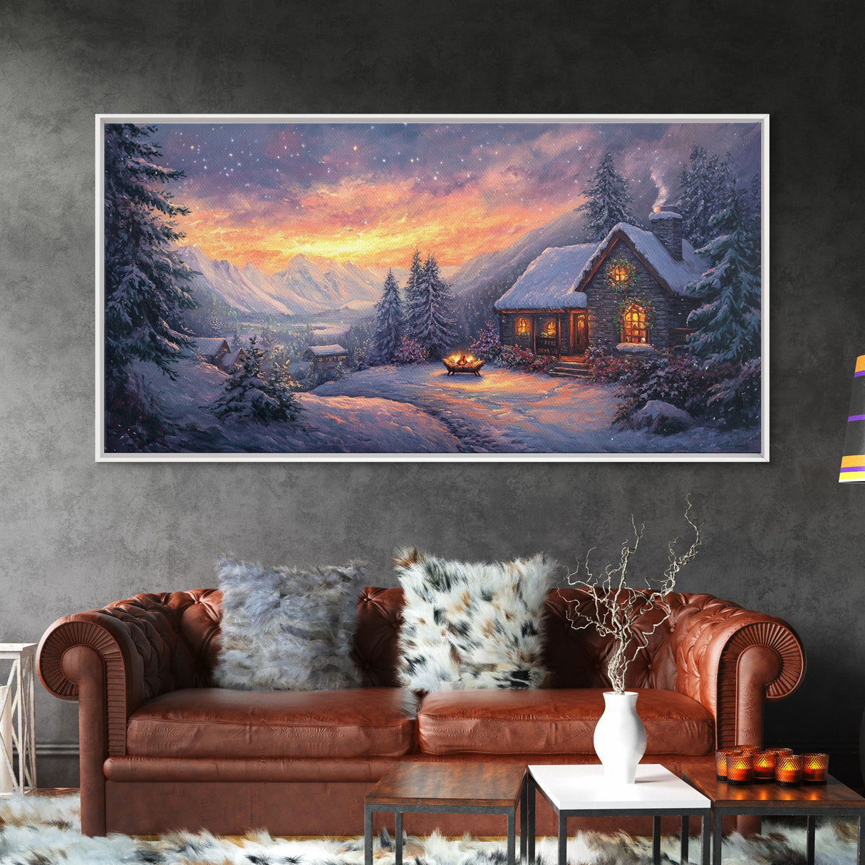 Snow Falls In The Mountains at Sunset, Framed Canvas Print, Retro Christmas Wall Art, Winter Not Christmas Wall Art, Winter Wall Art