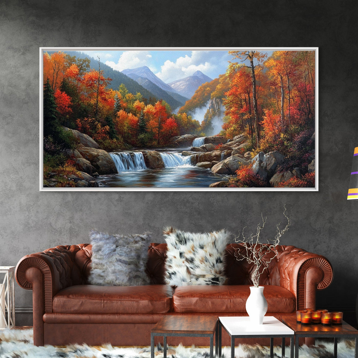 Waterfall In The Forest, Framed Canvas Print, Ready To Hang Art, Wood Frame, Landscape Oil Painting, Mountain Painting, Forest Painting