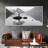Lone Bonzai Tree On an Island Framed Canvas Print - Ready To Hang Wall Art - Wabi Sabi Landscape Painting - Japanese Style Wall Art