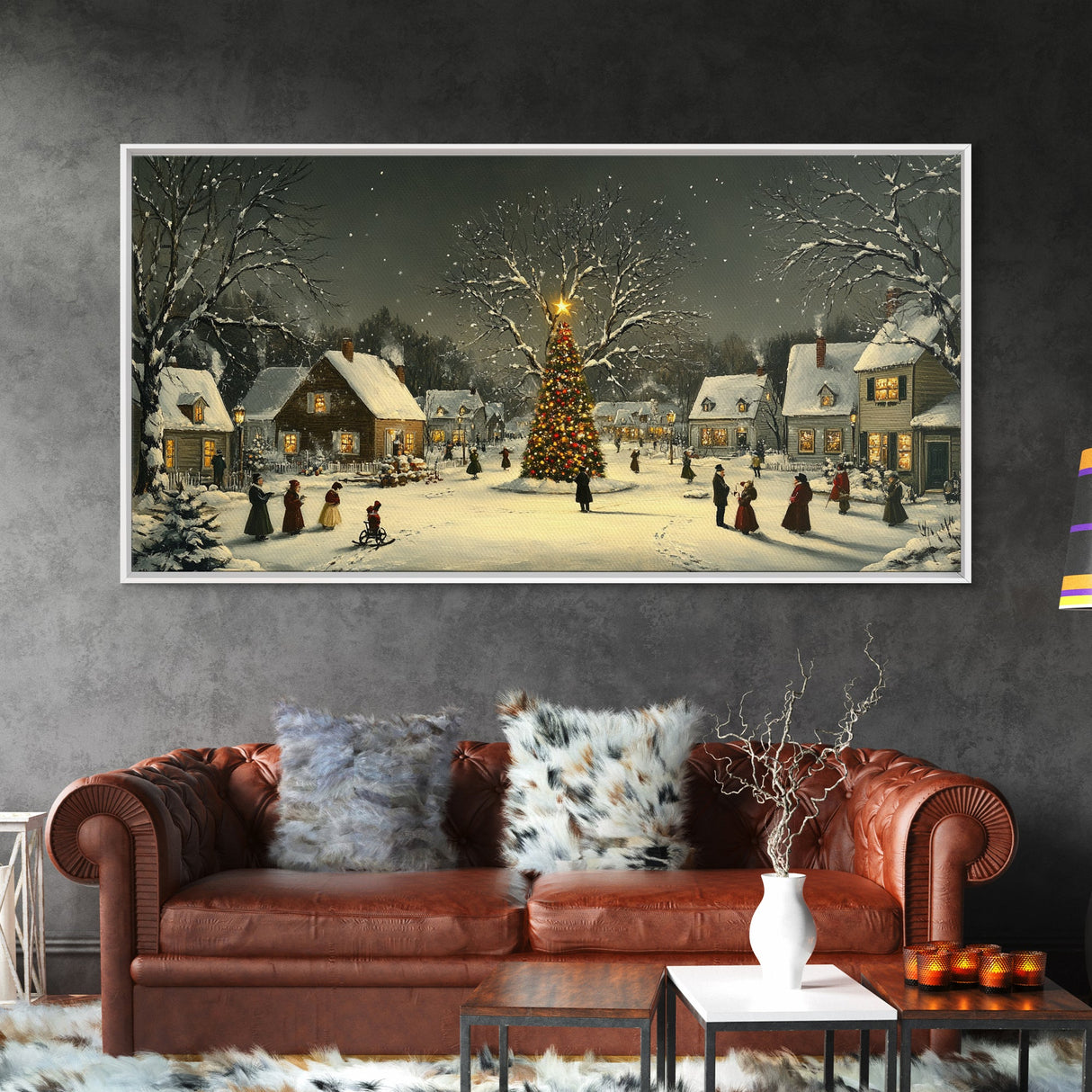 Festive Christmas Village Wall Art Framed Canvas Print, Festive Christmas Street Scene, Cozy Christmas Wall Art, Ready To Hang Xmas Decor