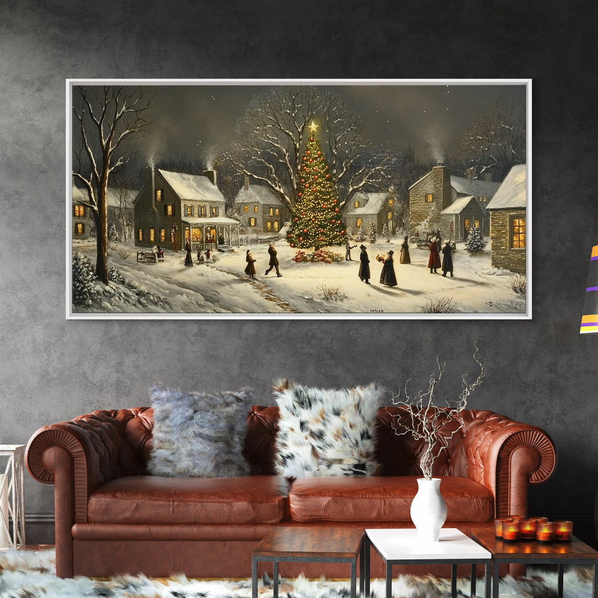 Winter Street Scene - Victorian Christmas Village Oil Painting Print - Ready To hang Christmas Art - Christmas Wall Art - Cozy Christmas Print