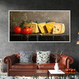 Still Life of Tomatoes and Cheese - Framed Canvas Print - Kitchen Wall Art - Kitsch Home Decor - Food Oil Painting Wall Art