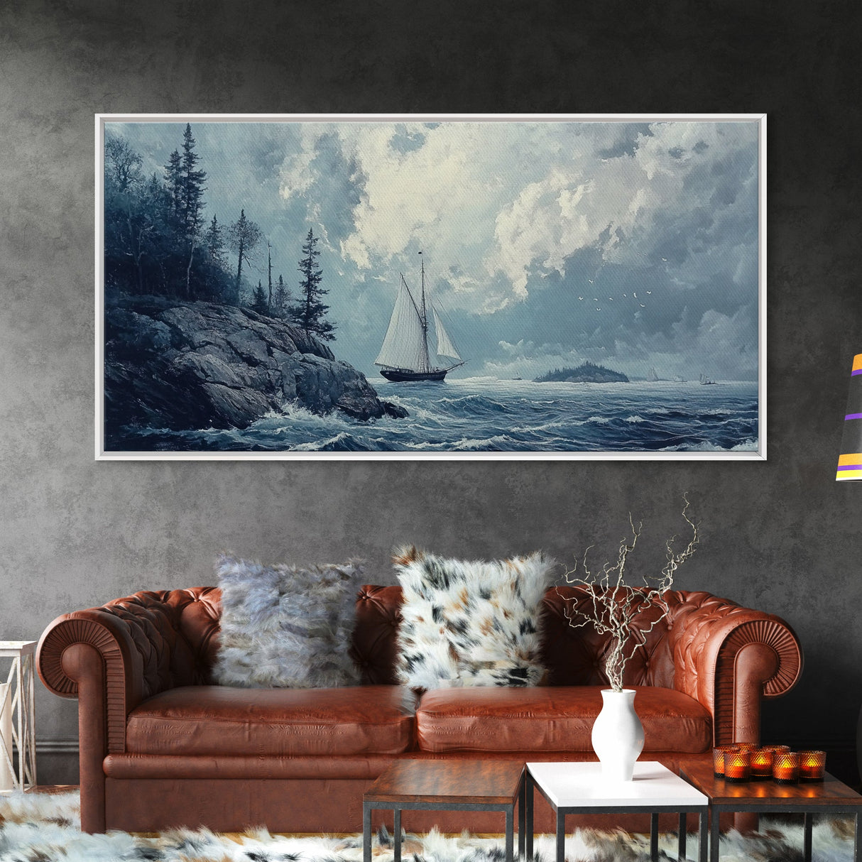 Pirate Ship Off The Coast, Framed Canvas Print, Wood Framed Art, Nautical Decor, Sailboat Painting