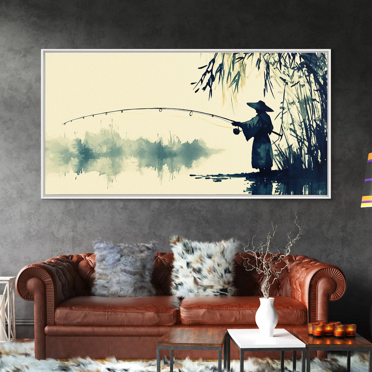 Watercolor Painting Print of a Fisherman - Elegant Japanese Style Artwork - Framed Canvas Print Ready to Hang - Coastal Wall Art - Fishing Gift