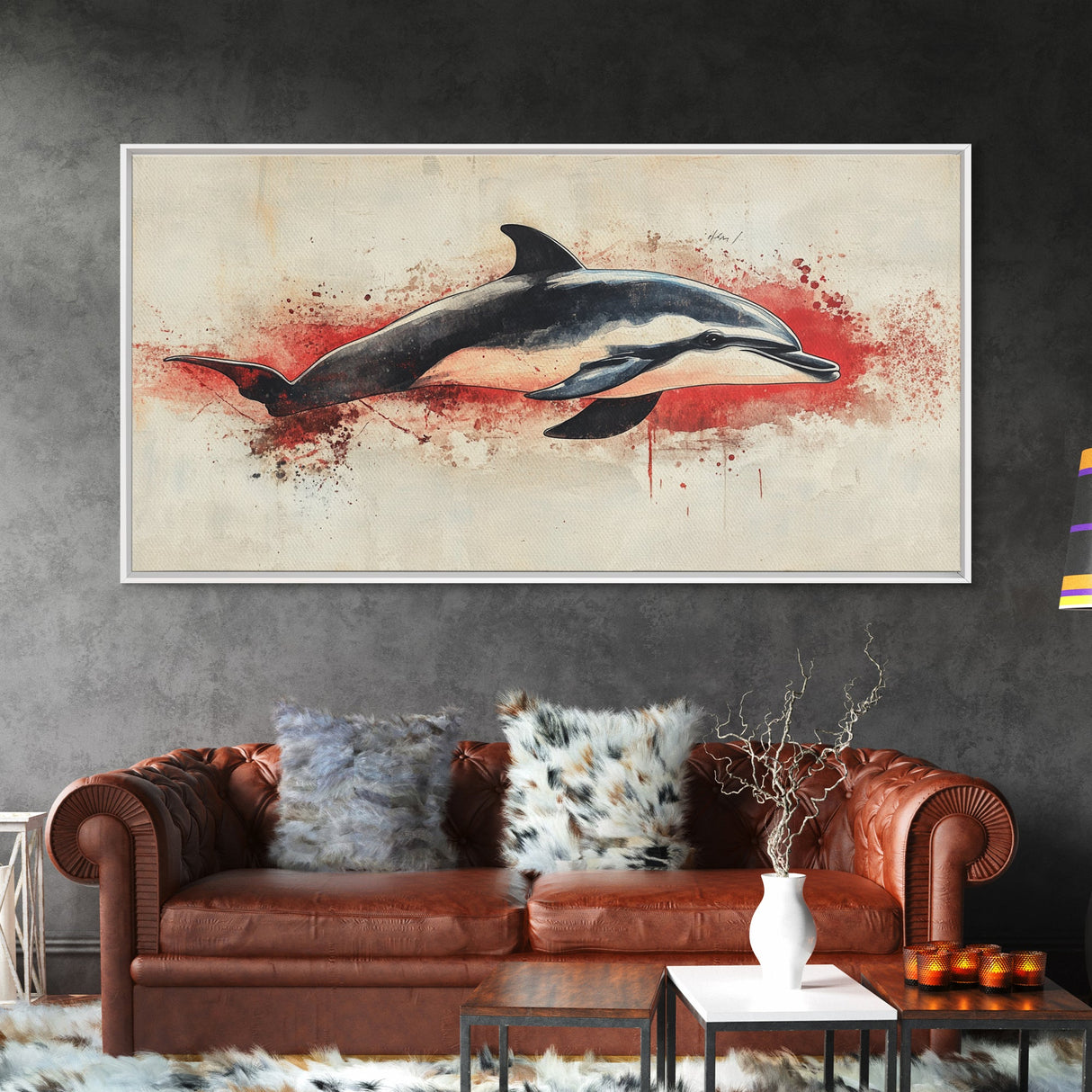 Wabi Sabi Waves and Dolphin Canvas Print, Entryway Decor, Cute Dolphin Wall Hangings for Bathroom Decor, Sea Life Wall Art, Dolphin Painting