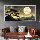 Bonzai Tree Under a Full Moon, Framed Canvas Print Ready To Hang, Minimalist Wabi Sabi Japanese Style Artwork, Above Sofa Wall Art, Home Decor