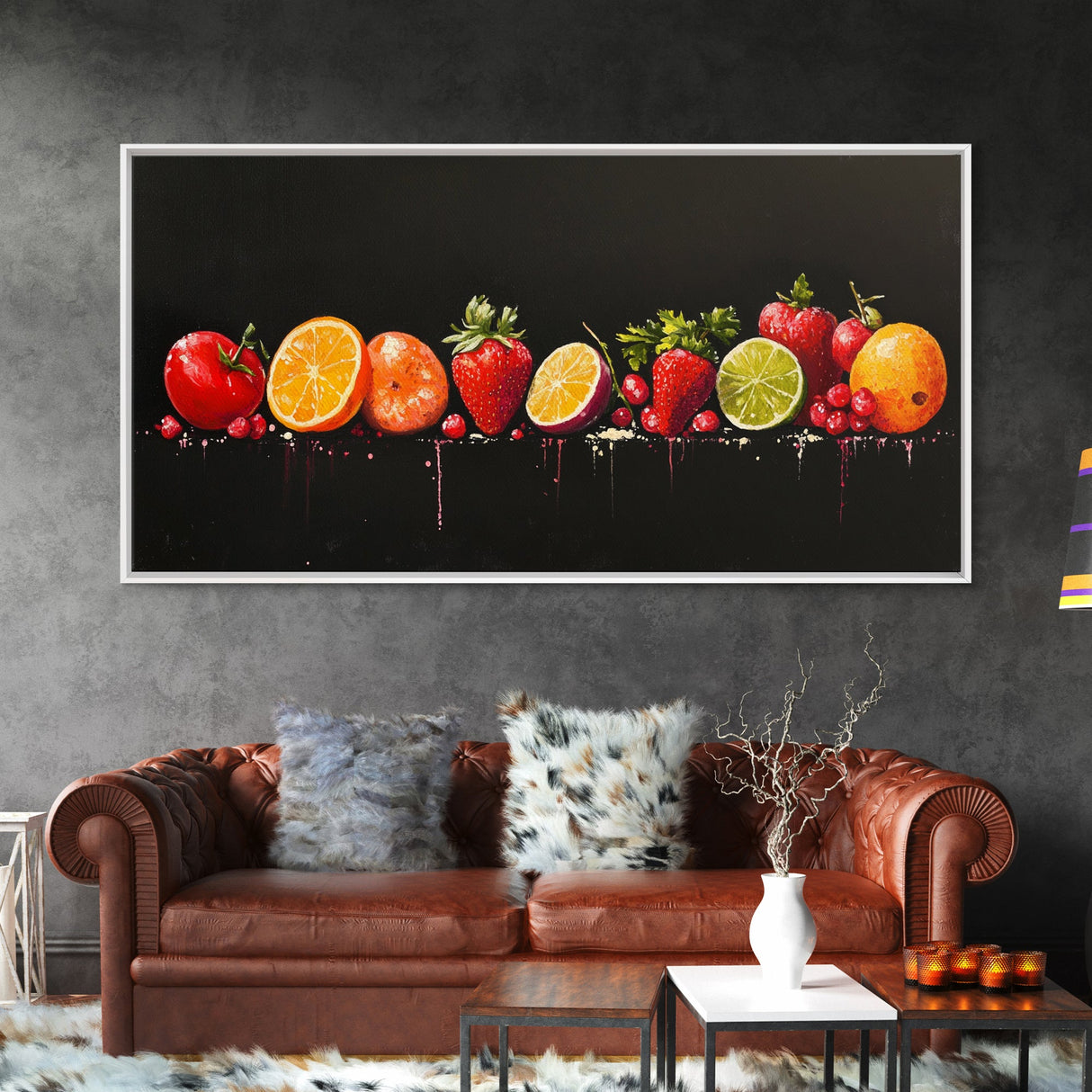 Funky Fruit Painting Print, Framed Canvas Art, Fruit Painting Rustic Large Farmhouse Kitchen Wall Art Vintage Fruit Wall Art For Kitchen