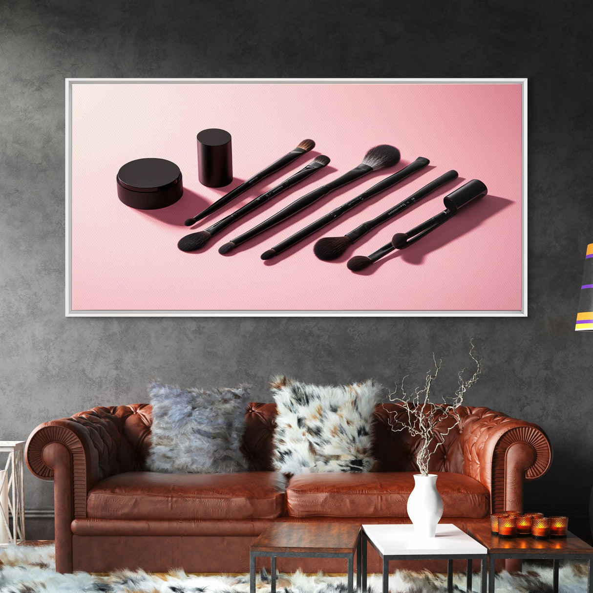 Makeup Brushes Framed Canvas Print - Makeup Wall Art - Preppy Dorm Room Decor - Makeup Painting