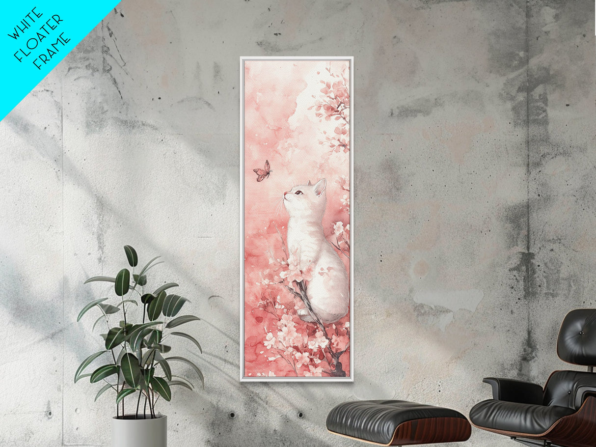 White Cat and Butterfly Canvas Print Light Pink Wall Art Cherry Blossom Painting Whimsical Art Bedroom Decor Gift Idea