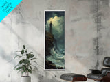 Nautical Landscape Painting Canvas Print, The Light House, Lighthouse Painting, Seascape Painting, Accent Piece, Tall Narrow Art, Skinny Art