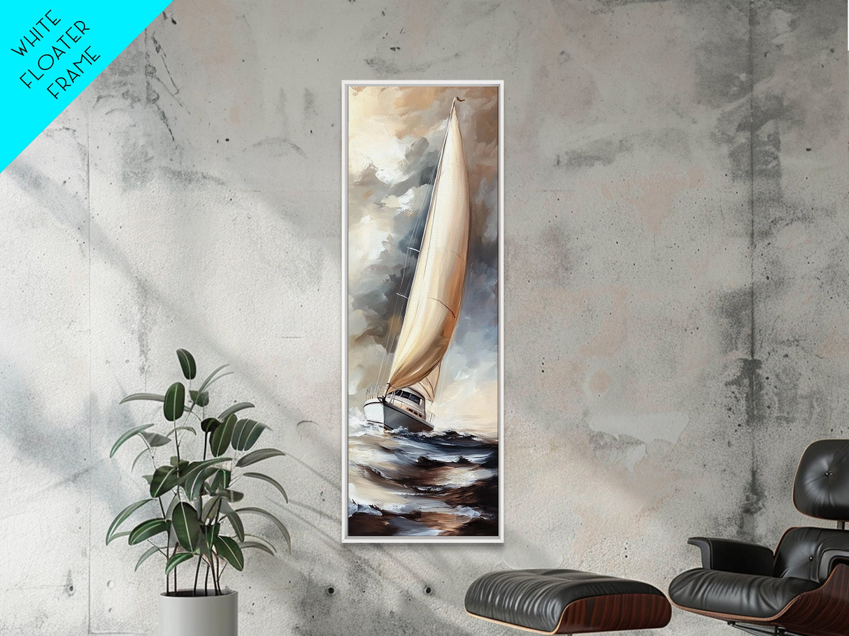 Sailboat painting nautical decor framed canvas print, classic coastal wall art, sailing scene with ocean waves, above bed living room art