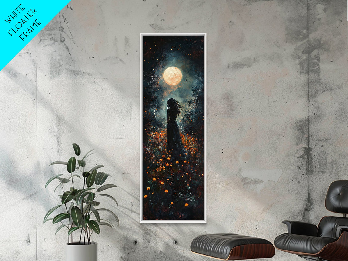 Moonlight silhouette painting mysterious framed canvas print, dark romance art, moonlit field wall decor, spiritual night scene art