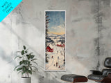 Snowy village painting peaceful Christmas scene framed canvas print, winter wonderland town, cozy holiday decor wall art gift idea