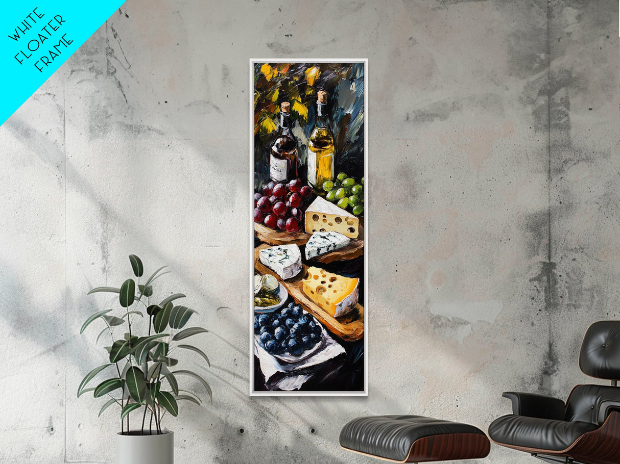 Framed Canvas Print Cheese and Wine Scene Painting Kitchen Wall Art Farmhouse Decor Rustic Art Culinary Print