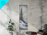 Framed Canvas Print Winter Pine Tree Art Rustic Landscape Wall Art Tall Narrow Art Cozy Cabin Decor Above Sofa Art